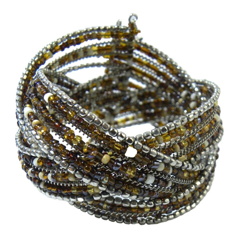Chunky Boho Bracelet Brown Micro Bead Memory Wire Wide Vintage
